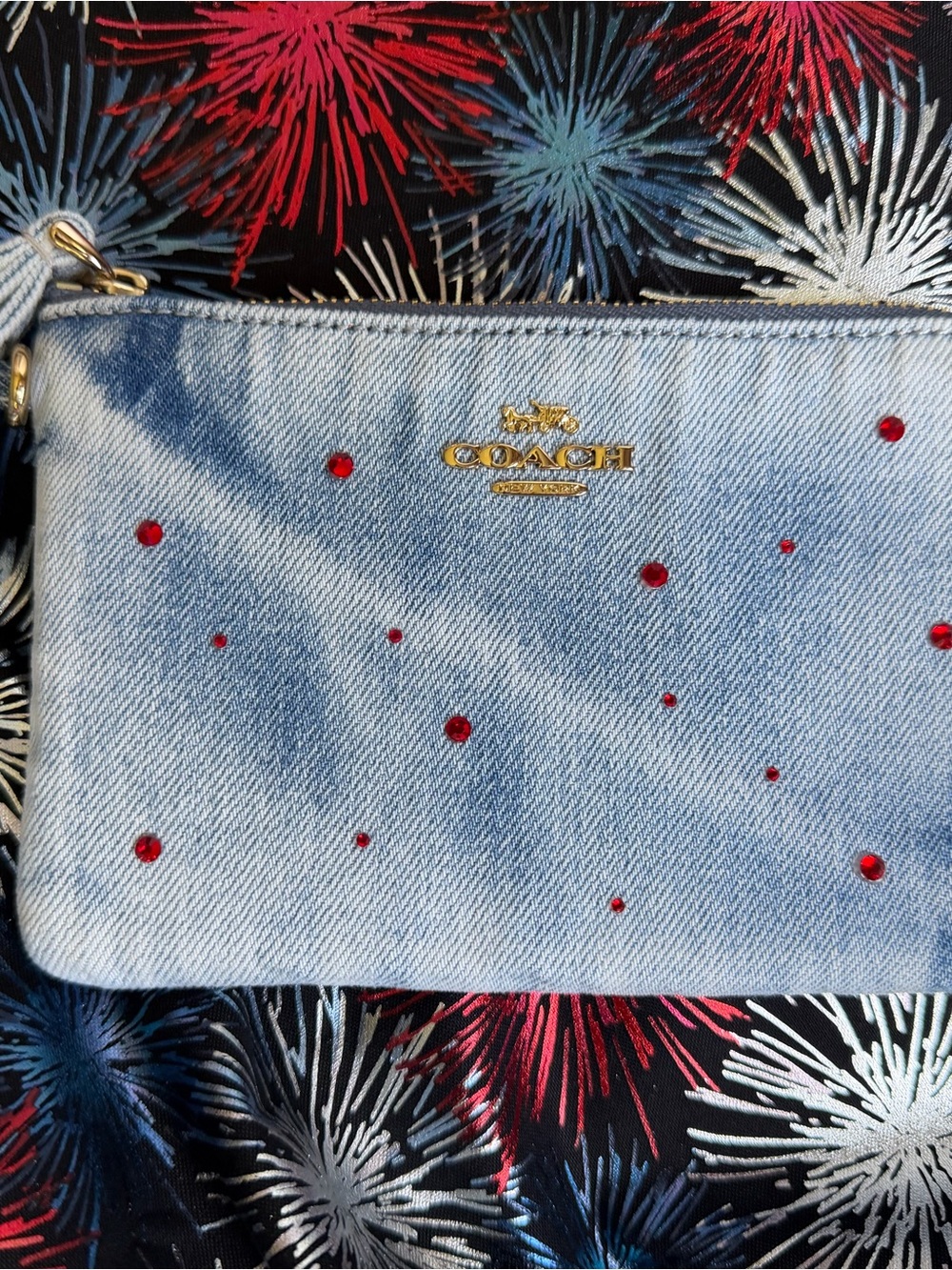 Coach Corner Zip Indigo Blue Denim Wristlet - Custom Hand Placed Glass Crystals